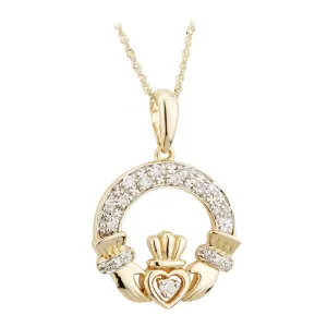 14K Gold Diamond Irish Claddagh Necklace