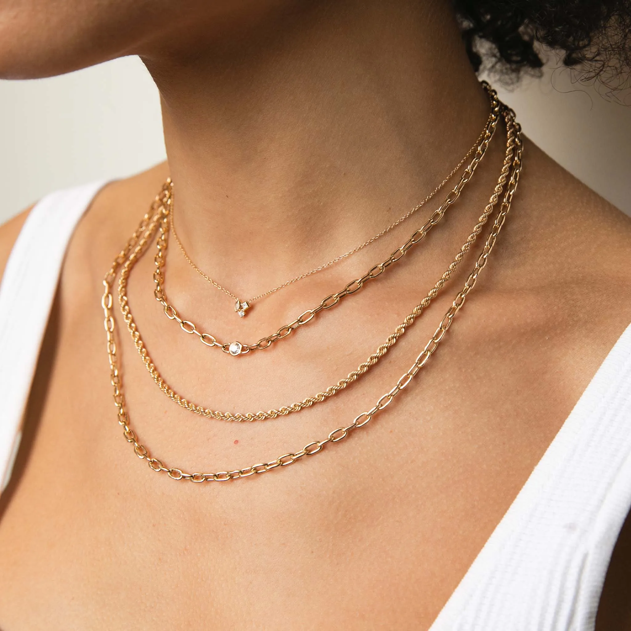 14k Medium Rope & Square Oval Link Chain Layered Necklace