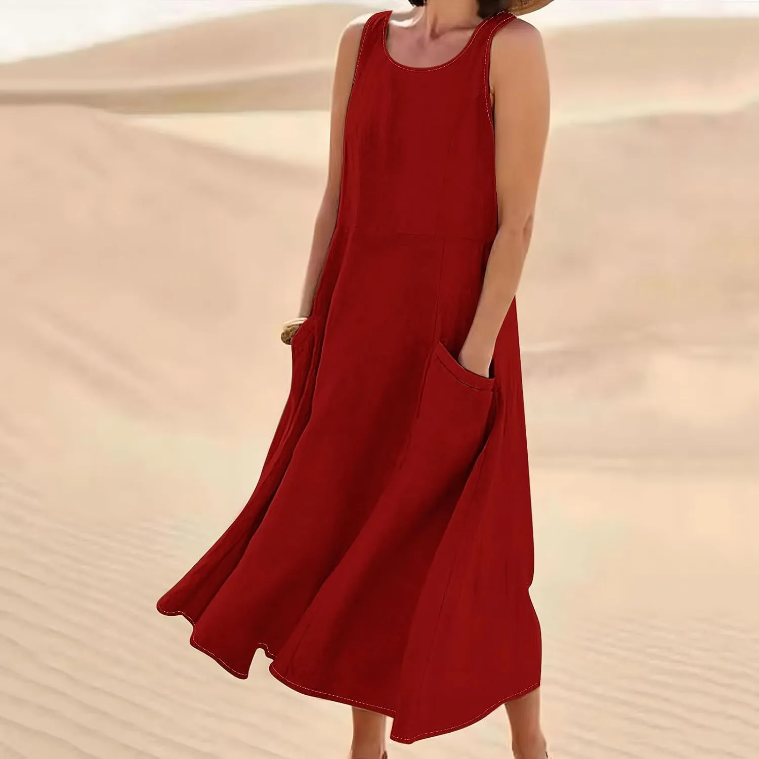 2025 Spring Long Dress for Women Sleeveless Round Neck Pleated Dress Ladies Solid Color Vacation Dresses with Pockets