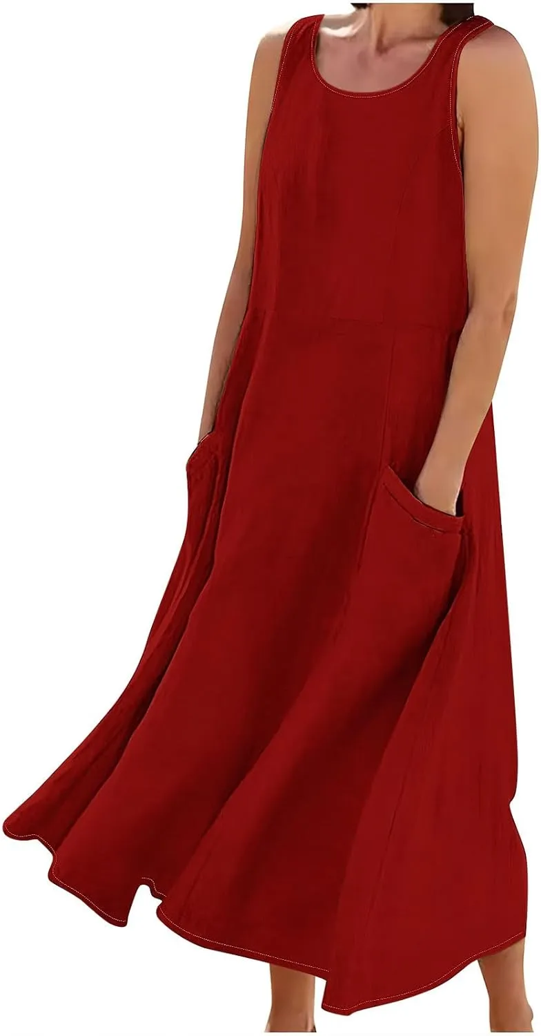 2025 Spring Long Dress for Women Sleeveless Round Neck Pleated Dress Ladies Solid Color Vacation Dresses with Pockets