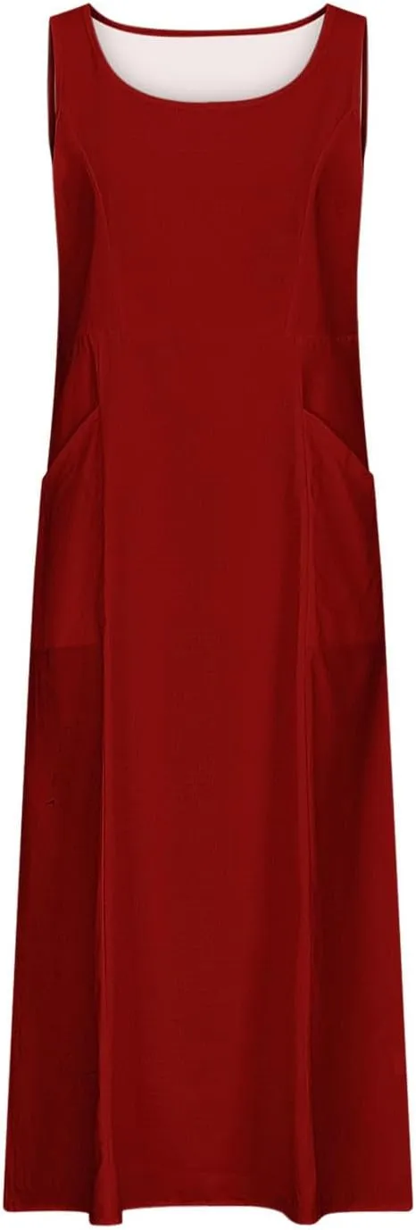 2025 Spring Long Dress for Women Sleeveless Round Neck Pleated Dress Ladies Solid Color Vacation Dresses with Pockets