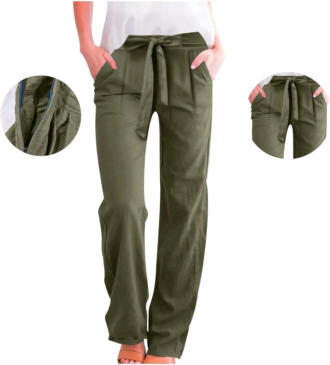 2025 Womens Cotton Linen Pants Casual High Waist Pant Loose Fit Drawstring Trousers Soft Comfy Lounge with Pockets