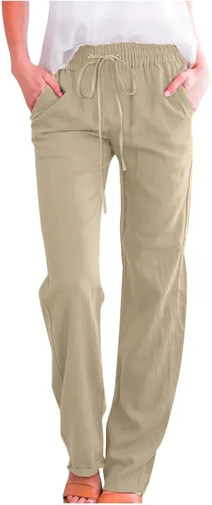 2025 Womens Cotton Linen Pants Casual High Waist Pant Loose Fit Drawstring Trousers Soft Comfy Lounge with Pockets