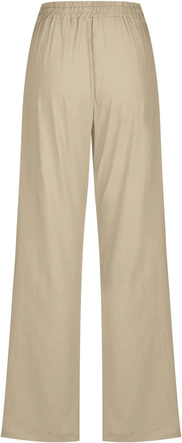 2025 Womens Cotton Linen Pants Casual High Waist Pant Loose Fit Drawstring Trousers Soft Comfy Lounge with Pockets