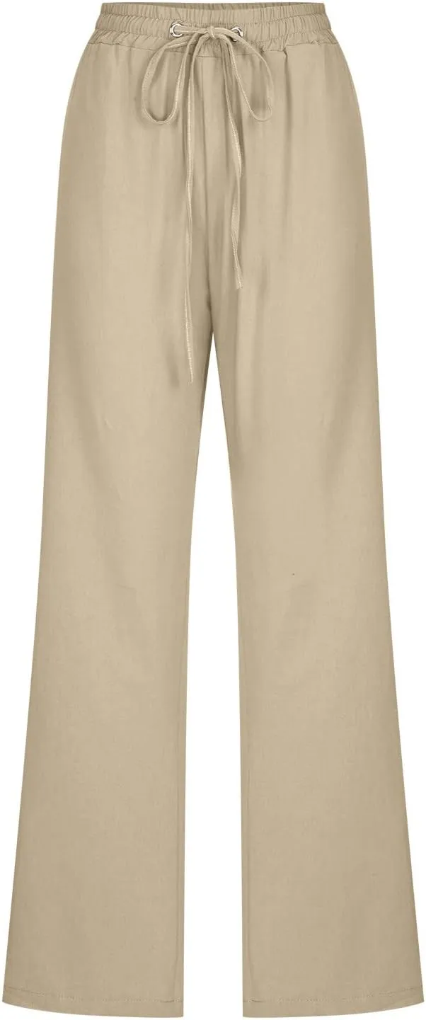 2025 Womens Cotton Linen Pants Casual High Waist Pant Loose Fit Drawstring Trousers Soft Comfy Lounge with Pockets