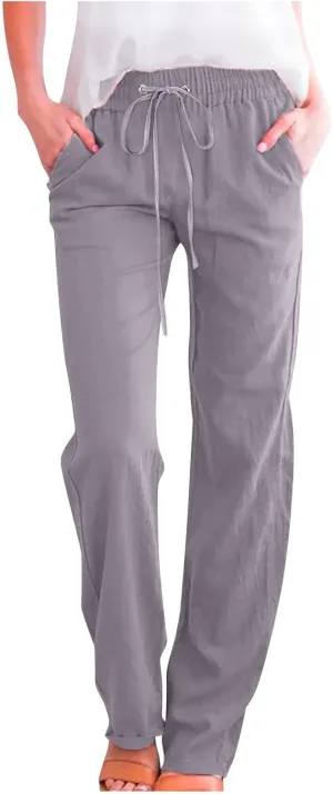 2025 Womens Cotton Linen Pants Casual High Waist Pant Loose Fit Drawstring Trousers Soft Comfy Lounge with Pockets
