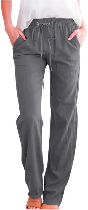 2025 Womens Cotton Linen Pants Casual High Waist Pant Loose Fit Drawstring Trousers Soft Comfy Lounge with Pockets