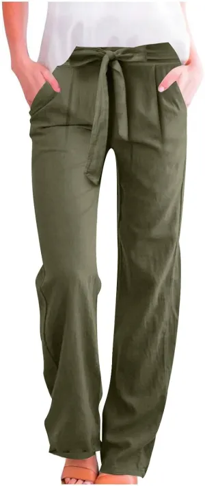 2025 Womens Cotton Linen Pants Casual High Waist Pant Loose Fit Drawstring Trousers Soft Comfy Lounge with Pockets