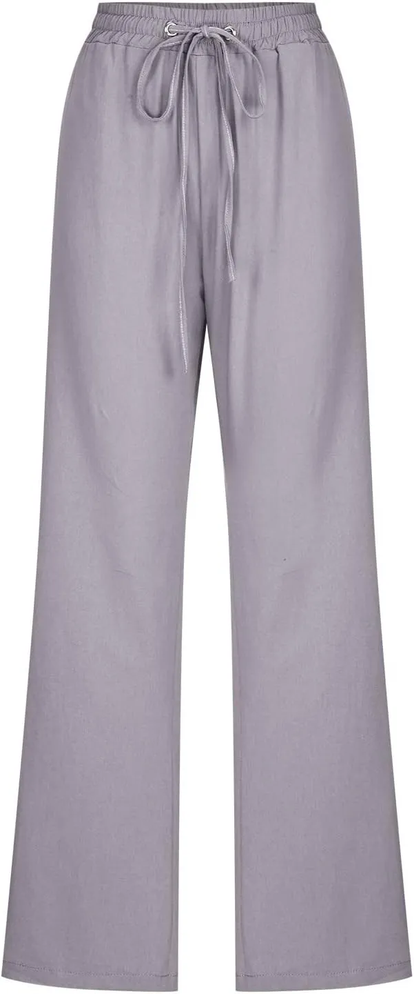 2025 Womens Cotton Linen Pants Casual High Waist Pant Loose Fit Drawstring Trousers Soft Comfy Lounge with Pockets