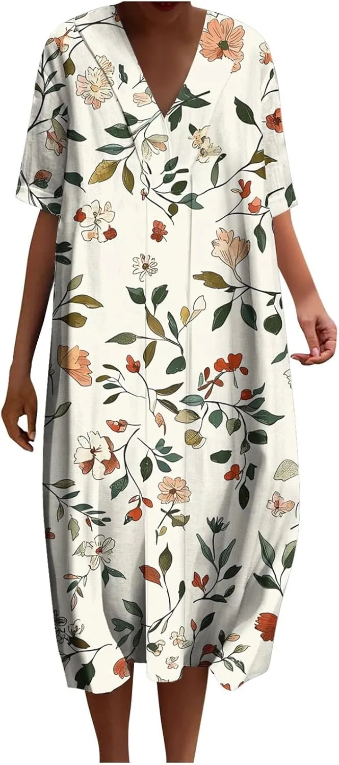 2025 Women's Spring Summer Dresses Funny Fashion Floral Printed Short Sleeve Casual V-Neck Maxi Dress