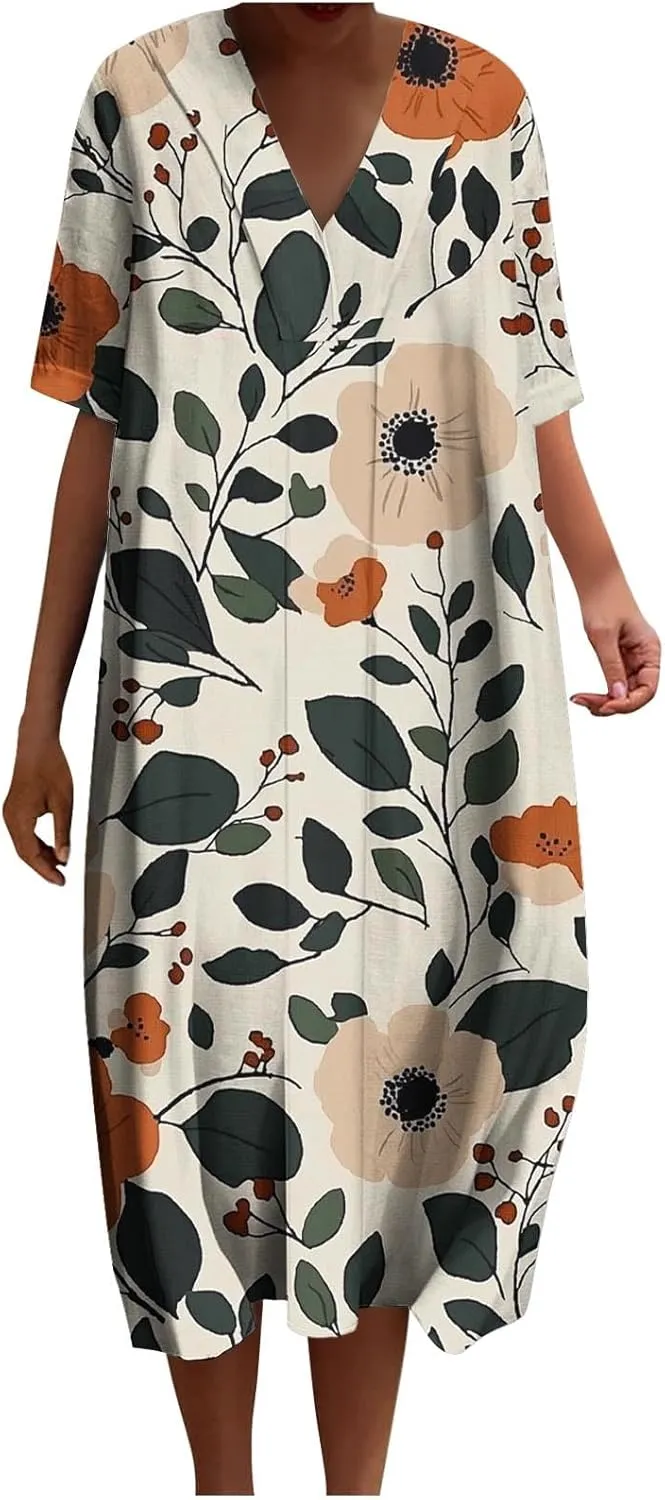 2025 Women's Spring Summer Dresses Funny Fashion Floral Printed Short Sleeve Casual V-Neck Maxi Dress