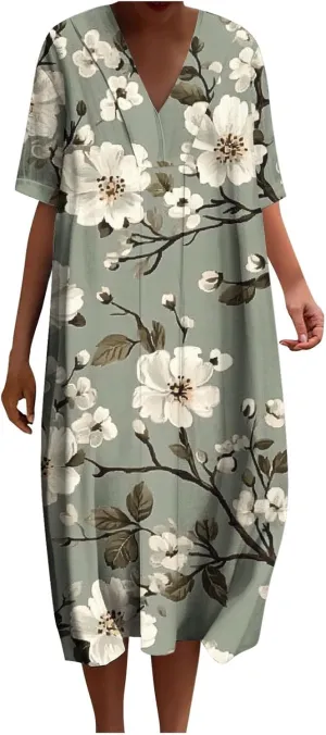 2025 Women's Spring Summer Dresses Funny Fashion Floral Printed Short Sleeve Casual V-Neck Maxi Dress