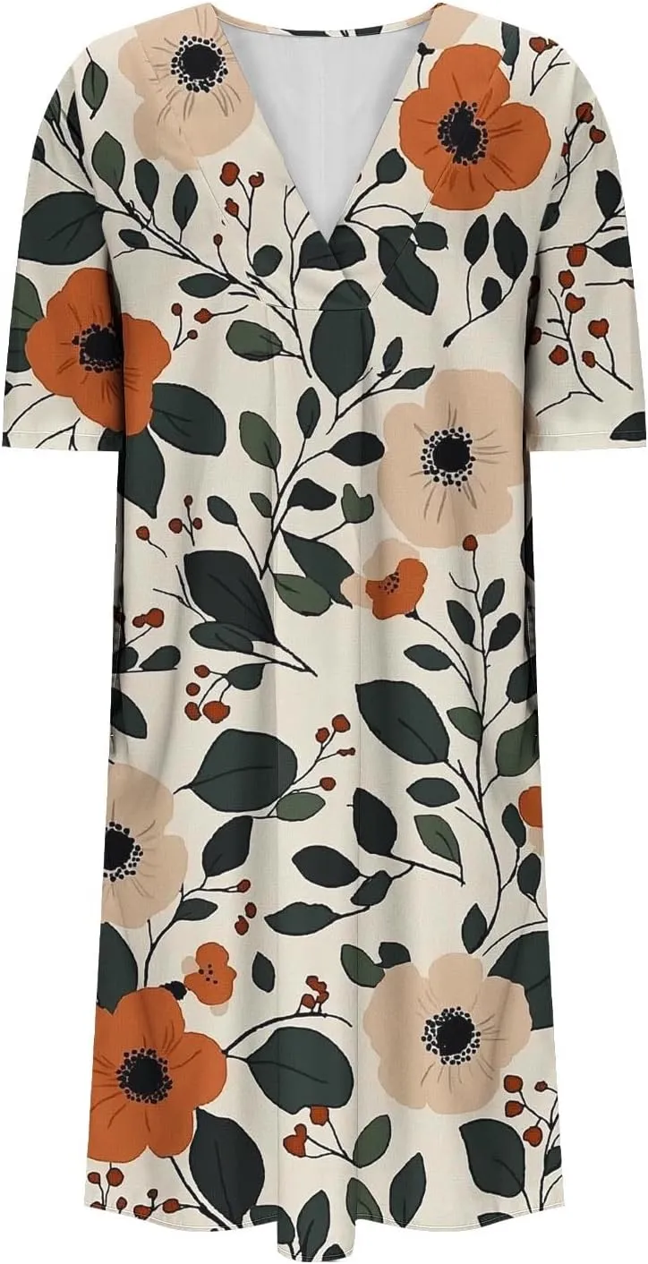 2025 Women's Spring Summer Dresses Funny Fashion Floral Printed Short Sleeve Casual V-Neck Maxi Dress