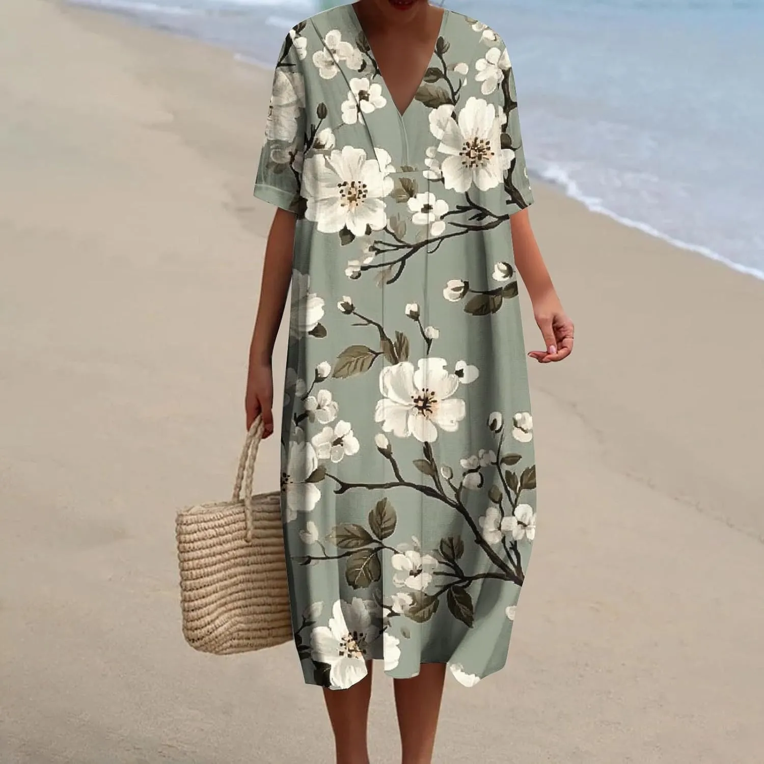 2025 Women's Spring Summer Dresses Funny Fashion Floral Printed Short Sleeve Casual V-Neck Maxi Dress
