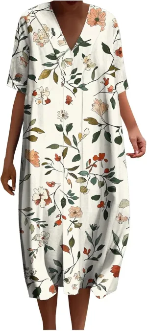 2025 Women's Spring Summer Dresses Funny Fashion Floral Printed Short Sleeve Casual V-Neck Maxi Dress