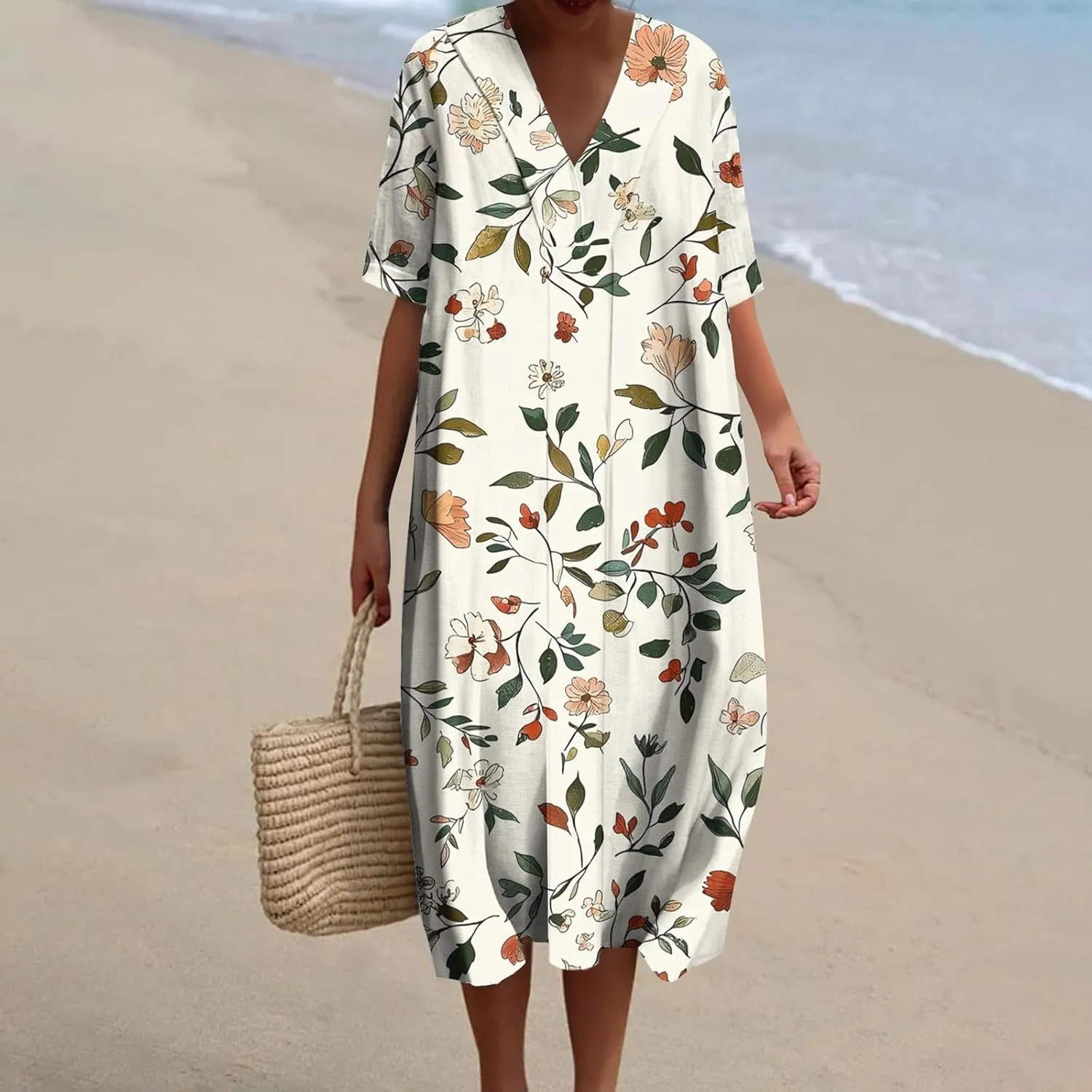2025 Women's Spring Summer Dresses Funny Fashion Floral Printed Short Sleeve Casual V-Neck Maxi Dress