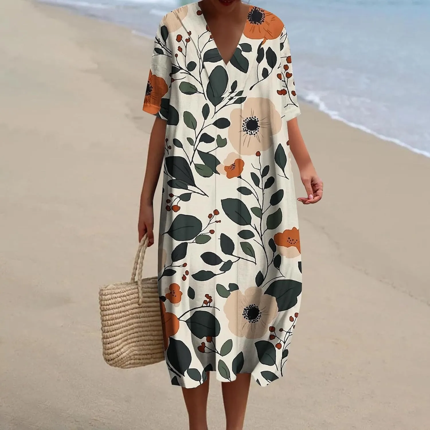 2025 Women's Spring Summer Dresses Funny Fashion Floral Printed Short Sleeve Casual V-Neck Maxi Dress