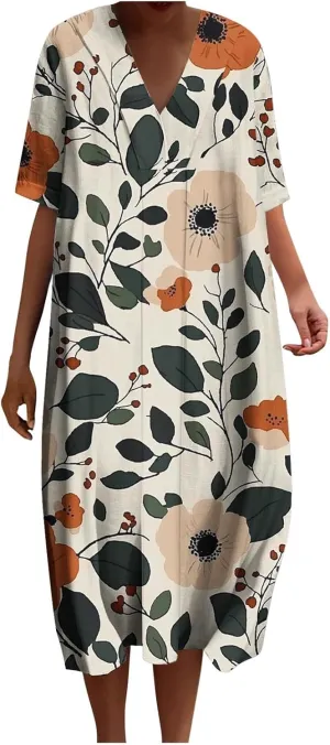 2025 Women's Spring Summer Dresses Funny Fashion Floral Printed Short Sleeve Casual V-Neck Maxi Dress