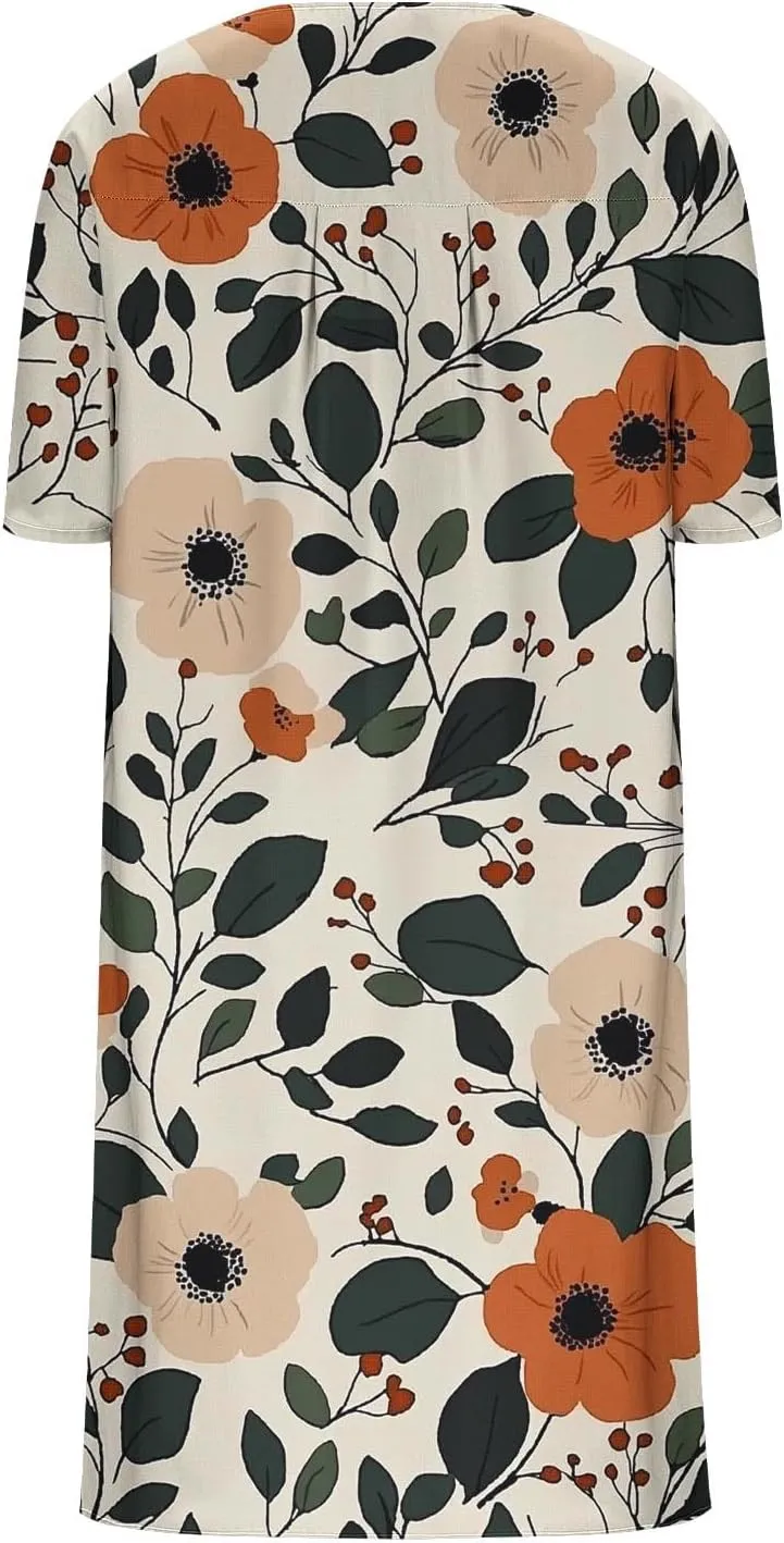 2025 Women's Spring Summer Dresses Funny Fashion Floral Printed Short Sleeve Casual V-Neck Maxi Dress