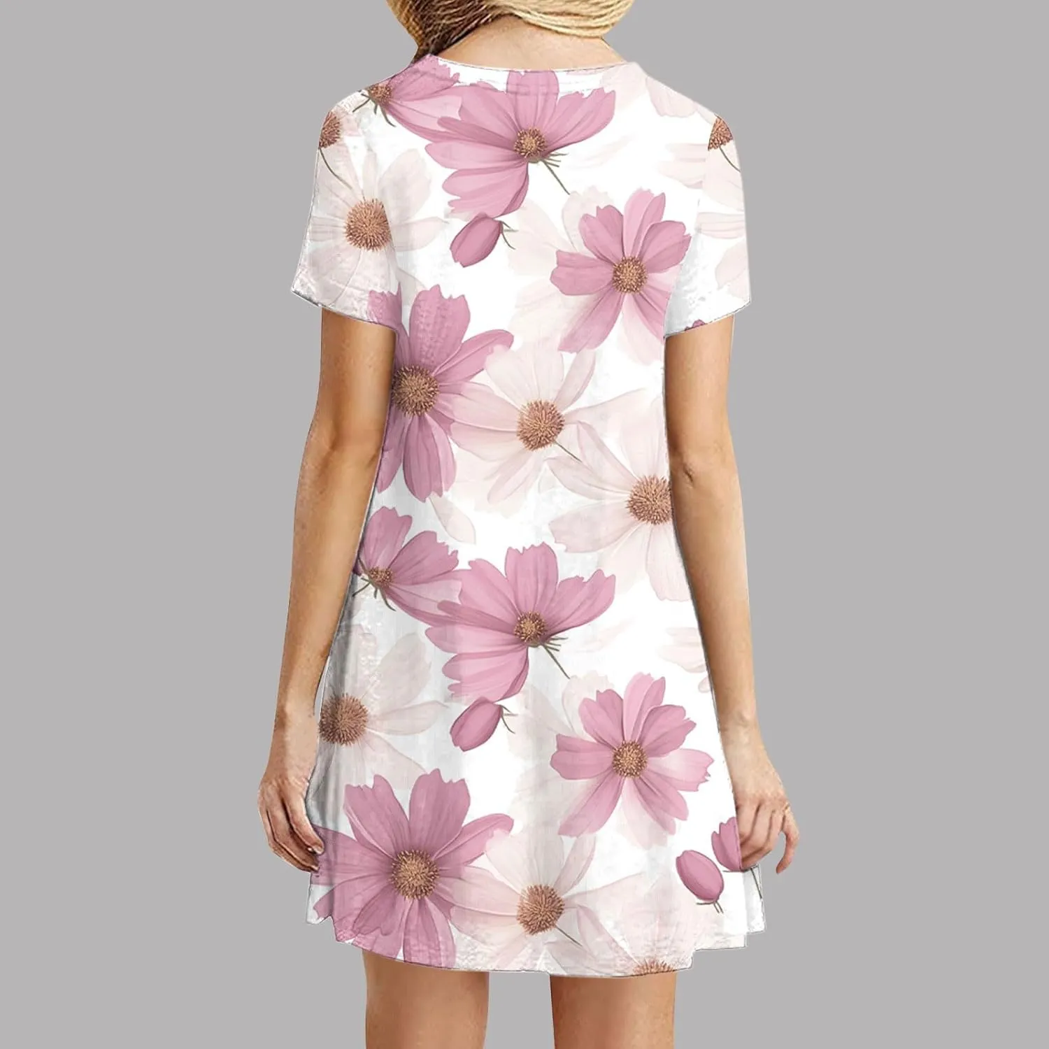 2025 Womens Summer Dress Floral Printed Short Sleeve A-Line Casual Dresses Fashion Pleated Office Dress