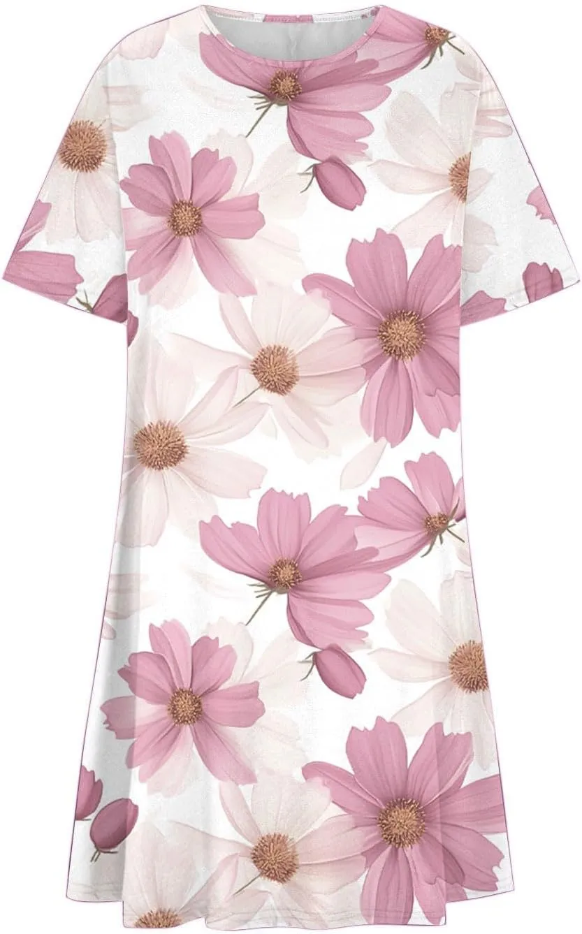 2025 Womens Summer Dress Floral Printed Short Sleeve A-Line Casual Dresses Fashion Pleated Office Dress