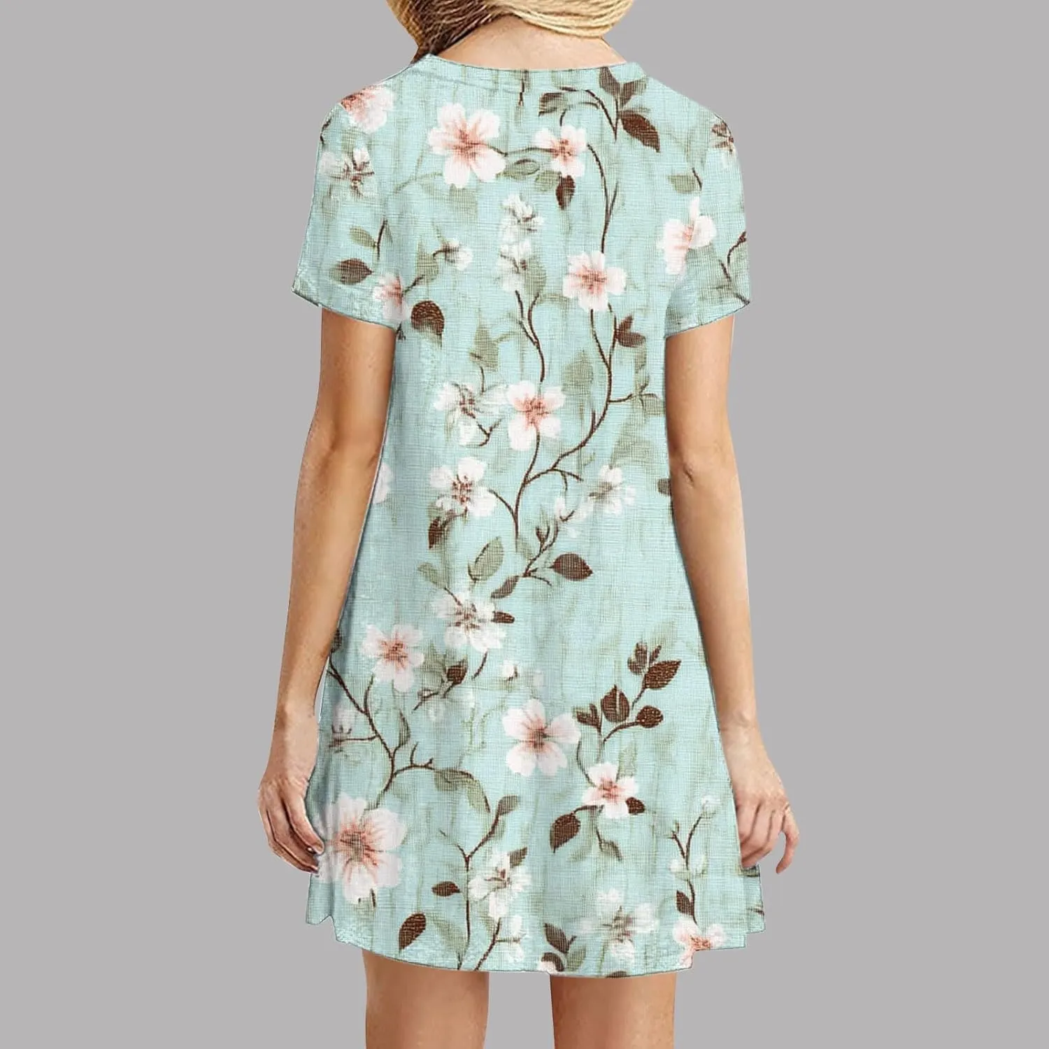 2025 Womens Summer Dress Floral Printed Short Sleeve A-Line Casual Dresses Fashion Pleated Office Dress