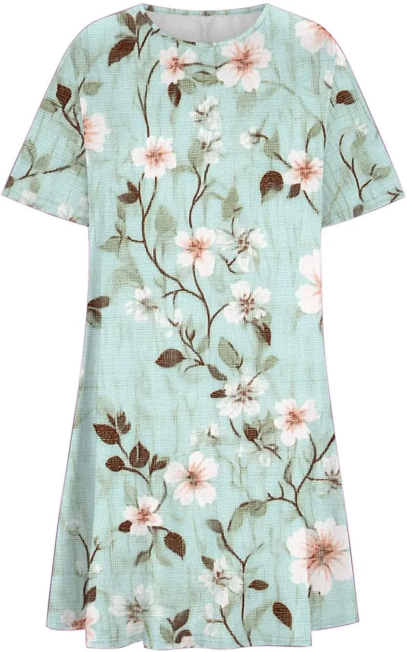 2025 Womens Summer Dress Floral Printed Short Sleeve A-Line Casual Dresses Fashion Pleated Office Dress