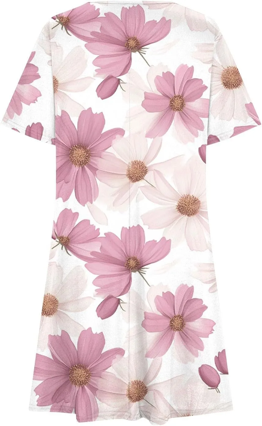 2025 Womens Summer Dress Floral Printed Short Sleeve A-Line Casual Dresses Fashion Pleated Office Dress