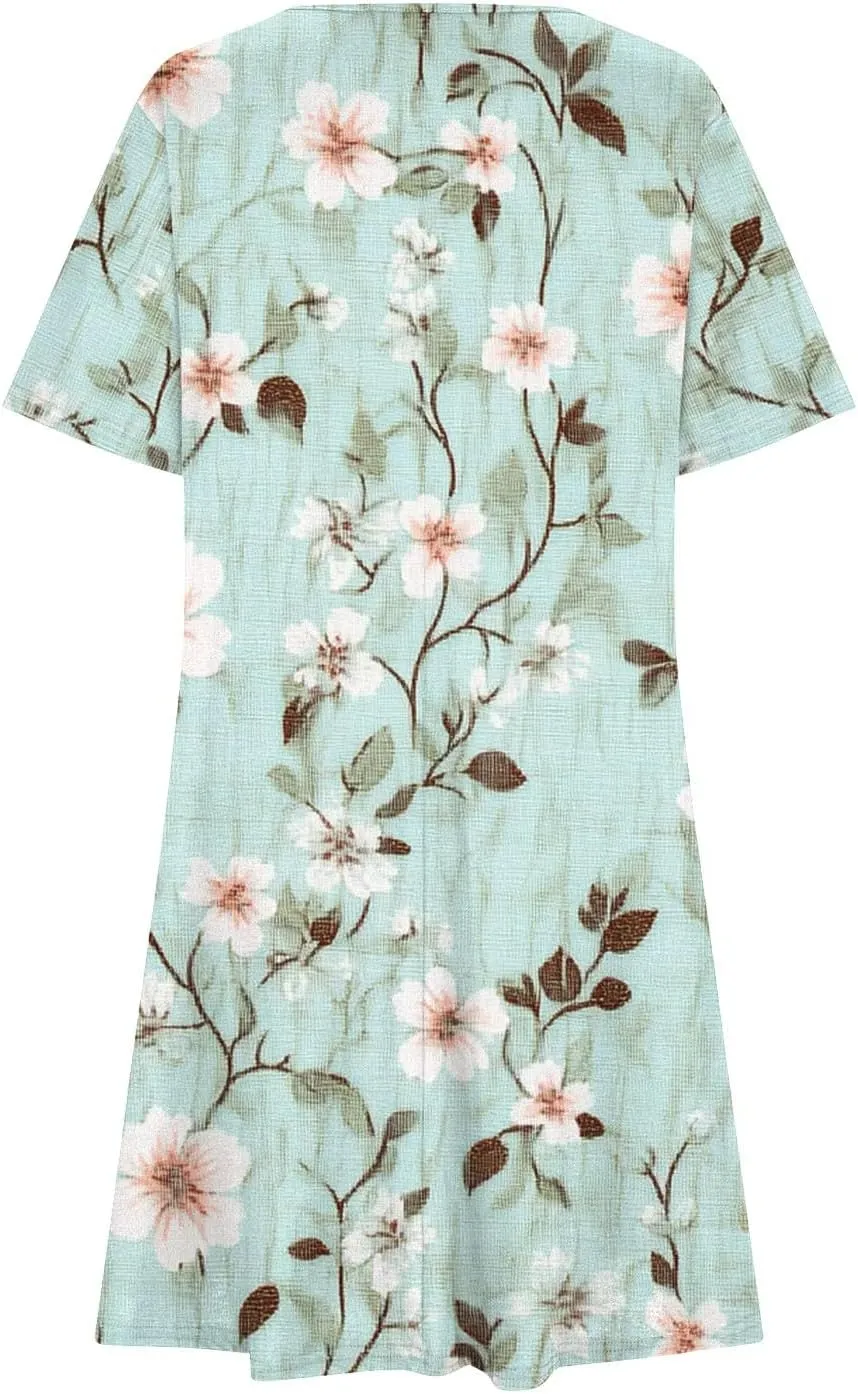 2025 Womens Summer Dress Floral Printed Short Sleeve A-Line Casual Dresses Fashion Pleated Office Dress