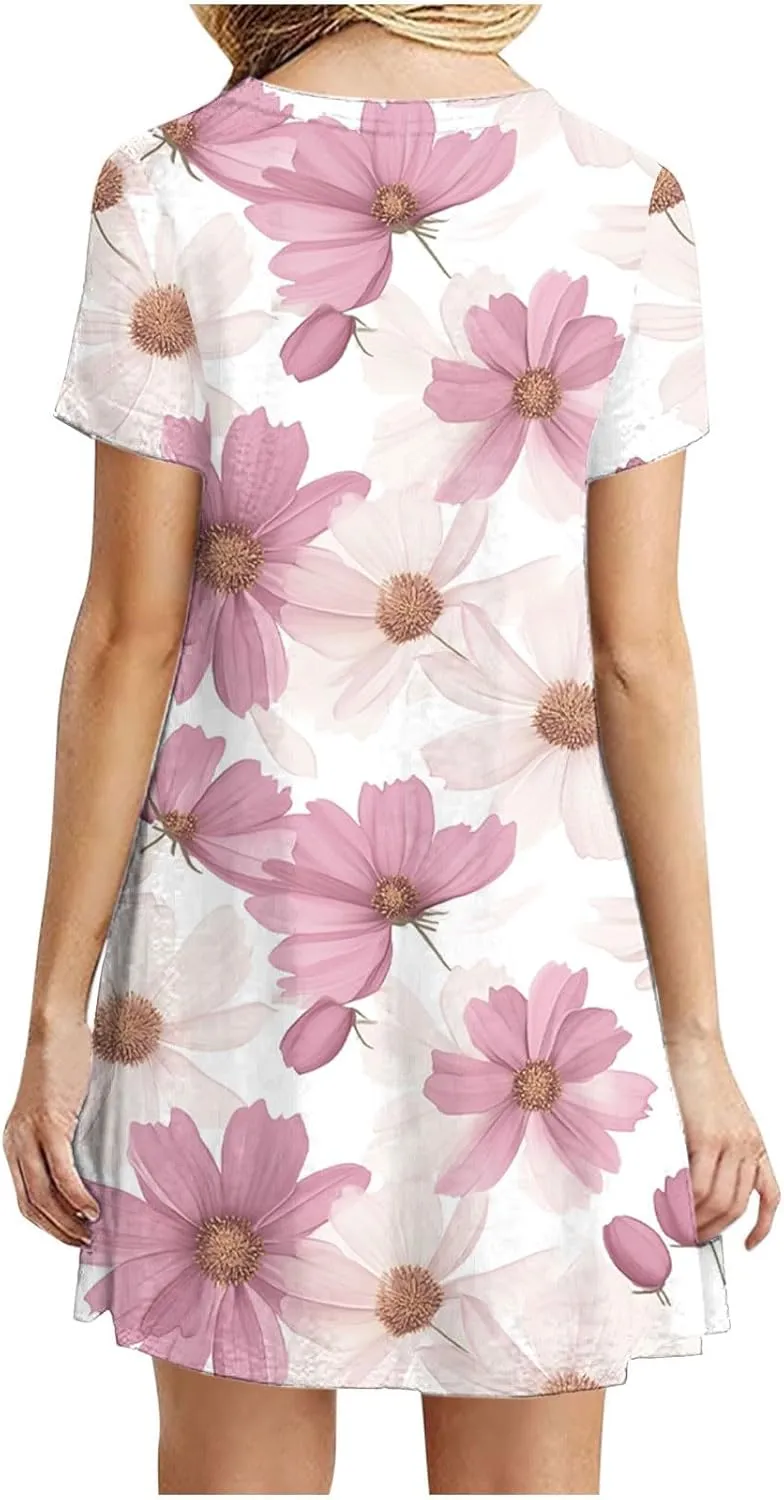 2025 Womens Summer Dress Floral Printed Short Sleeve A-Line Casual Dresses Fashion Pleated Office Dress