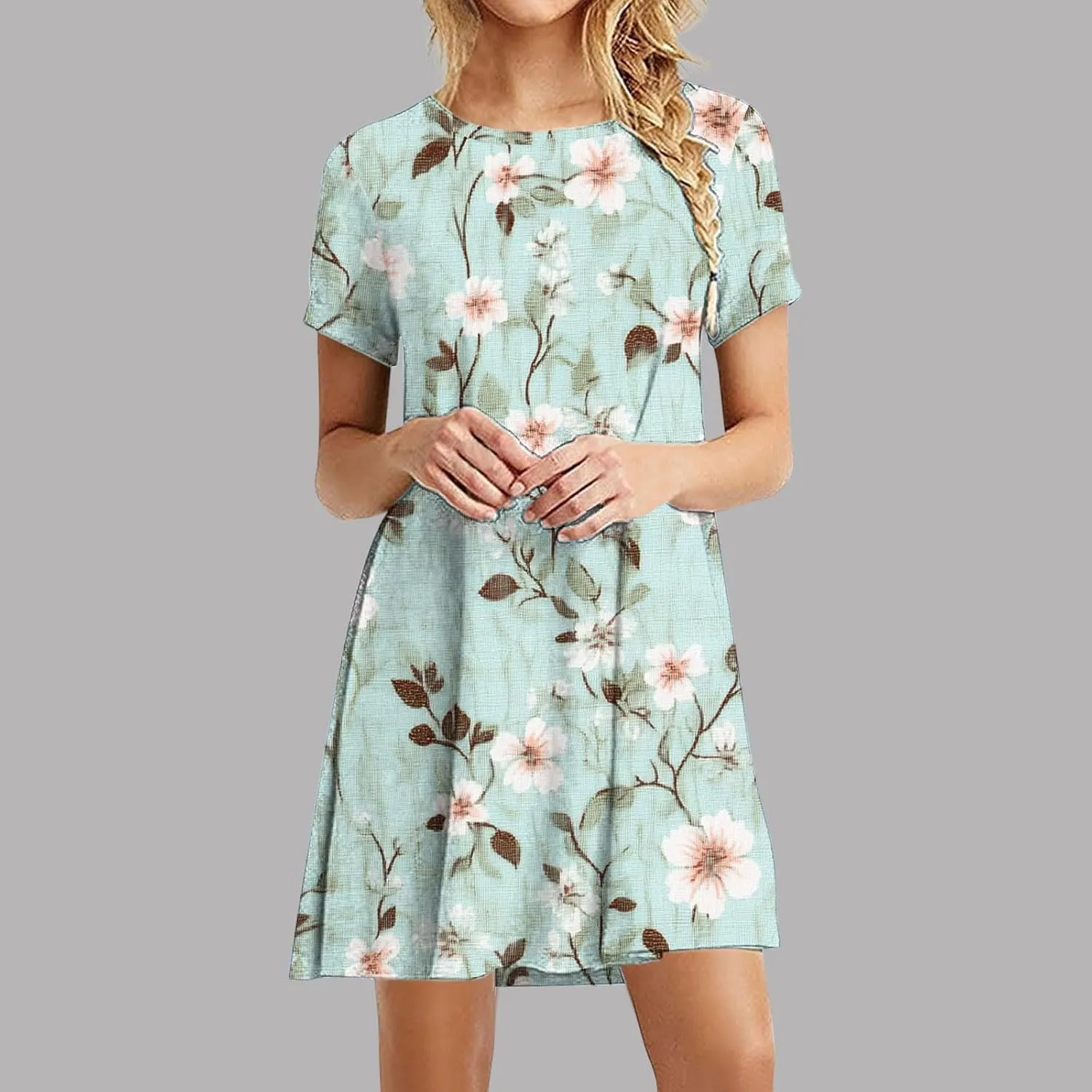 2025 Womens Summer Dress Floral Printed Short Sleeve A-Line Casual Dresses Fashion Pleated Office Dress