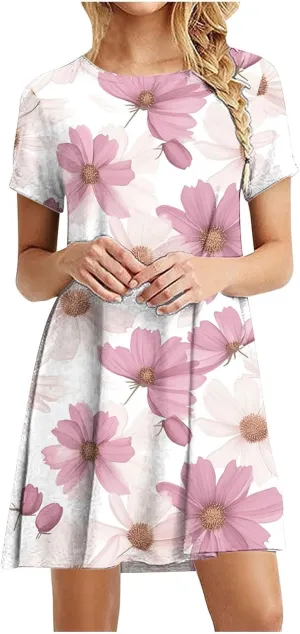 2025 Womens Summer Dress Floral Printed Short Sleeve A-Line Casual Dresses Fashion Pleated Office Dress