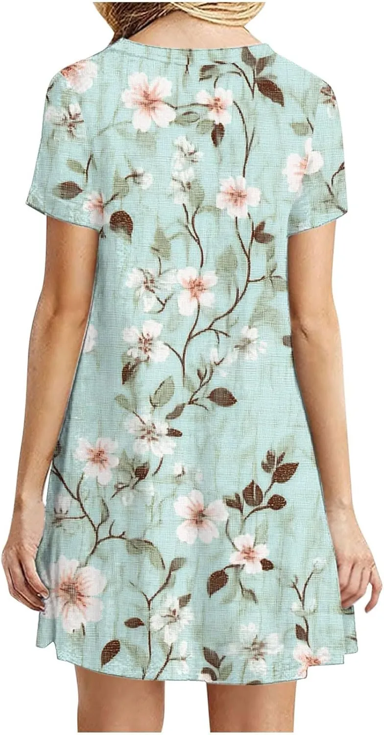 2025 Womens Summer Dress Floral Printed Short Sleeve A-Line Casual Dresses Fashion Pleated Office Dress