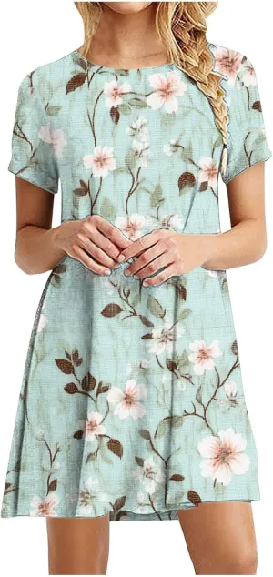2025 Womens Summer Dress Floral Printed Short Sleeve A-Line Casual Dresses Fashion Pleated Office Dress
