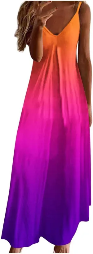 2025 Womens Summer Dresses Color Block Spaghetti Strap Swing Beach Dress Casual V-Neck Pleated Sleeveless Sundress