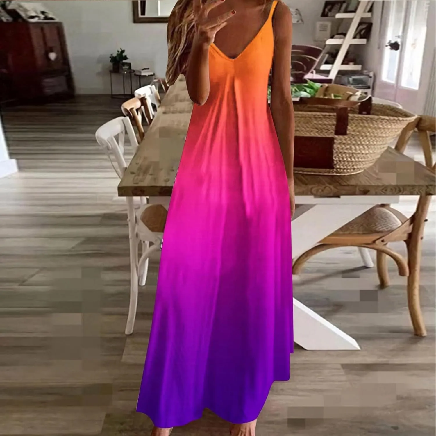 2025 Womens Summer Dresses Color Block Spaghetti Strap Swing Beach Dress Casual V-Neck Pleated Sleeveless Sundress