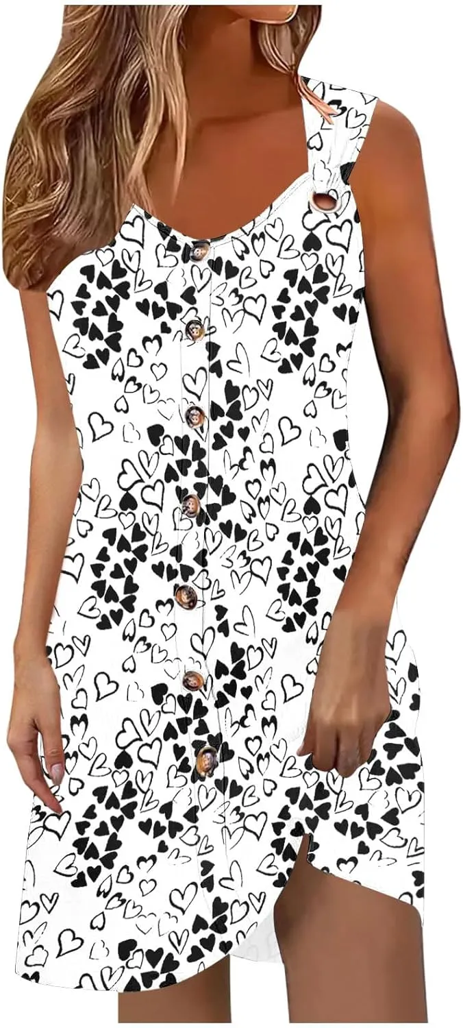 2025 Womens Summer Dresses Loose Sleeveless Button V-Neck Strap Sundress Casual Flowy Vacation Midi Dress