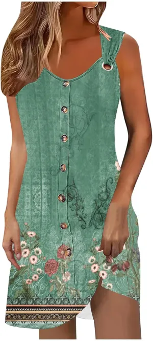 2025 Womens Summer Dresses Loose Sleeveless Button V-Neck Strap Sundress Casual Flowy Vacation Midi Dress