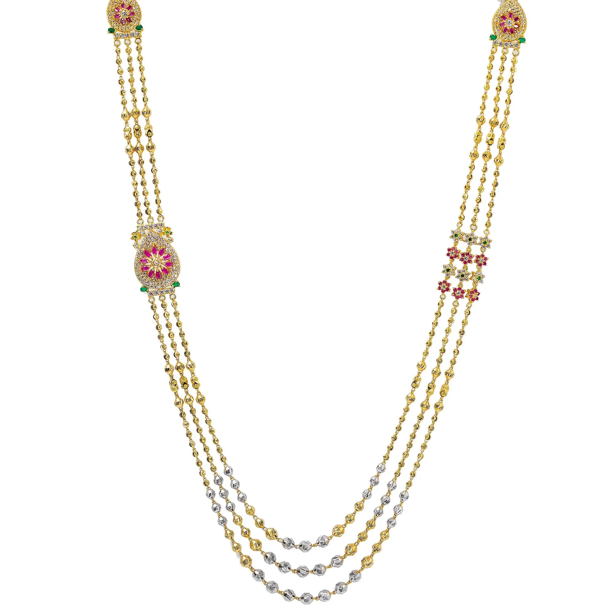 22K Multi Tone Gold Layered Haaram Necklace W/ Rubies, Emeralds, CZ Gemstones & Triple Ball Strands