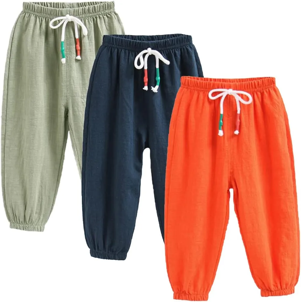3 Pack of Little Kids Boys Girls Summer Spring Autumn Cotton Linen Printed Soft Trousers Casual Long Ankle Pants