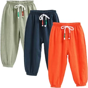 3 Pack of Little Kids Boys Girls Summer Spring Autumn Cotton Linen Printed Soft Trousers Casual Long Ankle Pants