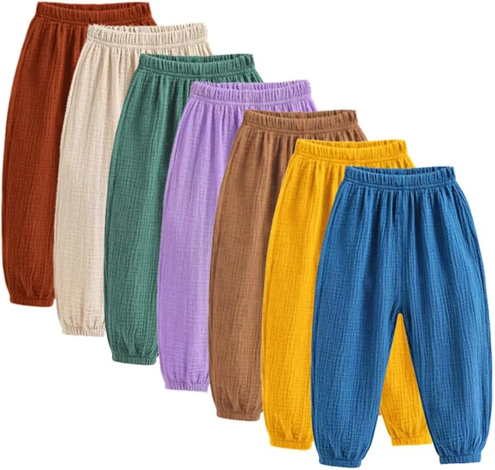 3 Pack of Little Kids Boys Girls Summer Spring Autumn Cotton Linen Printed Soft Trousers Casual Long Ankle Pants