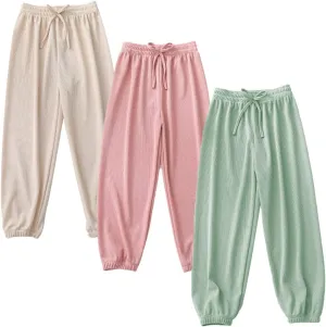 3 Pack of Little Kids Boys Girls Summer Spring Autumn Cotton Linen Printed Soft Trousers Casual Long Ankle Pants