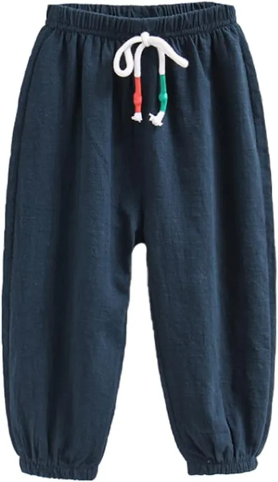 3 Pack of Little Kids Boys Girls Summer Spring Autumn Cotton Linen Printed Soft Trousers Casual Long Ankle Pants