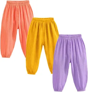 3 Pack of Little Kids Boys Girls Summer Spring Autumn Cotton Linen Printed Soft Trousers Casual Long Ankle Pants