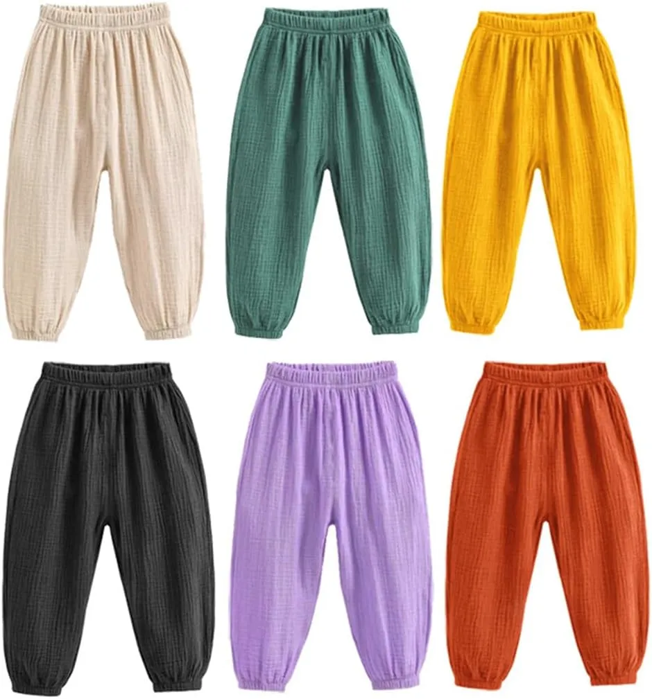 3 Pack of Little Kids Boys Girls Summer Spring Autumn Cotton Linen Printed Soft Trousers Casual Long Ankle Pants