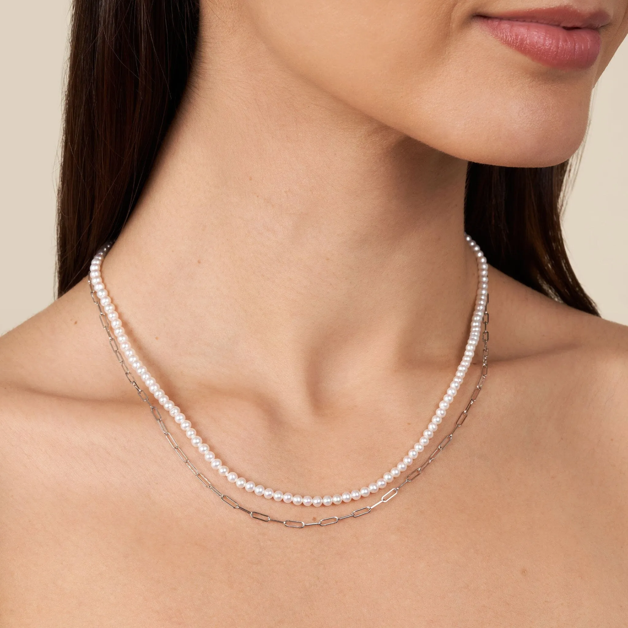 3.0-3.5 mm AAA Freshwater Pearl Necklace with Paperclip Chain Set