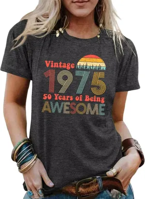 50th Birthday Gift Shirts Vintage 1975 Original Parts Tshirt for Women Letter Print Retro Birthday Casual Tee Tops