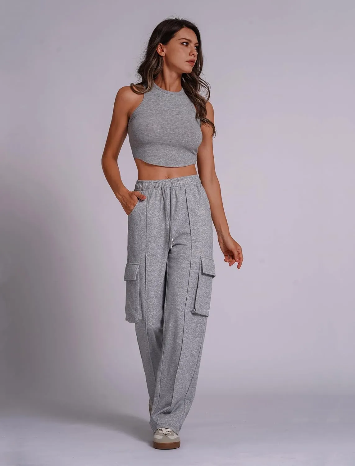 ABOCIW Women's Fleece Lined Wide Leg Sweatpants Elastic High Waisted Baggy Athletic Joggers Pants with Pockets