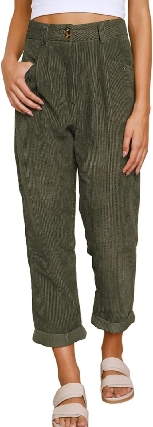 Acelitt Womens Elastic Waist Straight Leg Corduroy Pants with Pockets, S-2XL